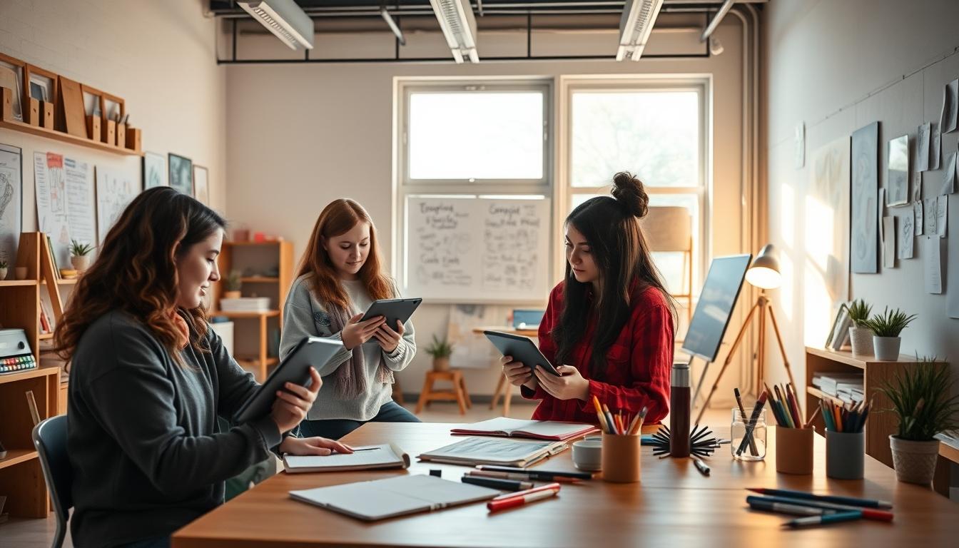 Students studying together in modern classroom